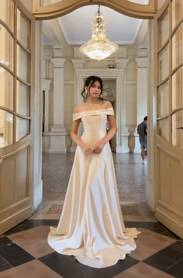Niulatu Off-the-shoulder Sheath Long Formal Dresses Satin White Evening Gowns White Wedding Guest Dresses HZ1026